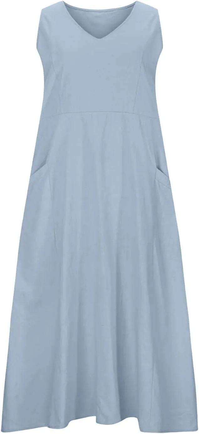 Sleeveless Maxi Long Beach Shirt Dress Women's Summer Casual Sleeveless Long Maxi Beach Dress Cotton Casual Dress