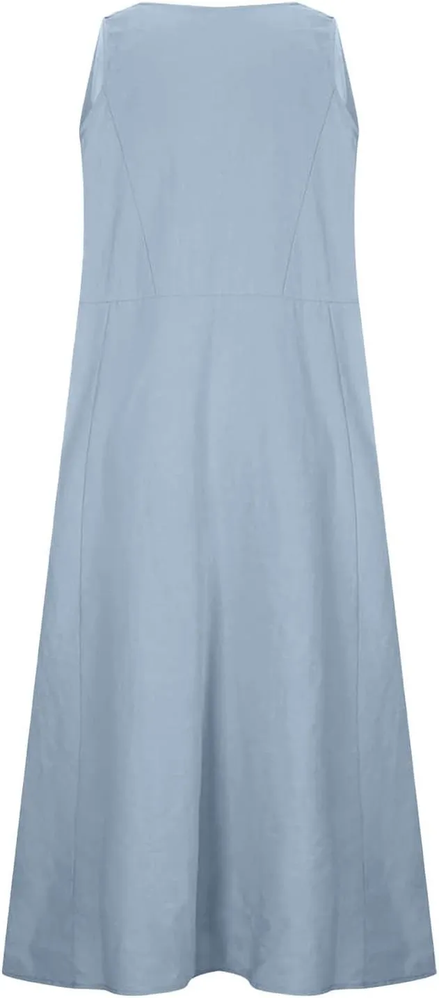 Sleeveless Maxi Long Beach Shirt Dress Women's Summer Casual Sleeveless Long Maxi Beach Dress Cotton Casual Dress