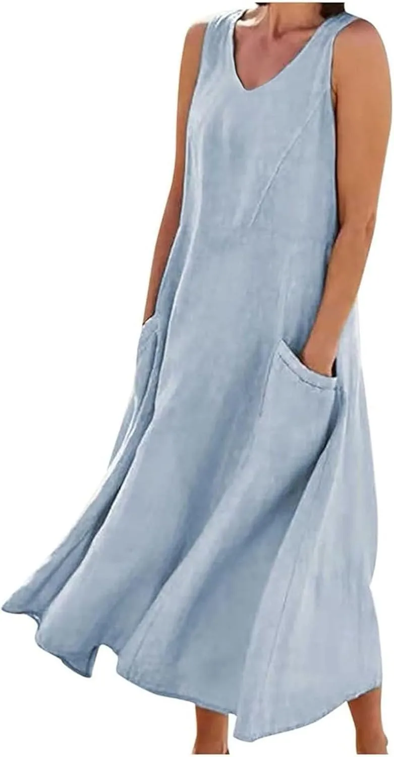 Sleeveless Maxi Long Beach Shirt Dress Women's Summer Casual Sleeveless Long Maxi Beach Dress Cotton Casual Dress