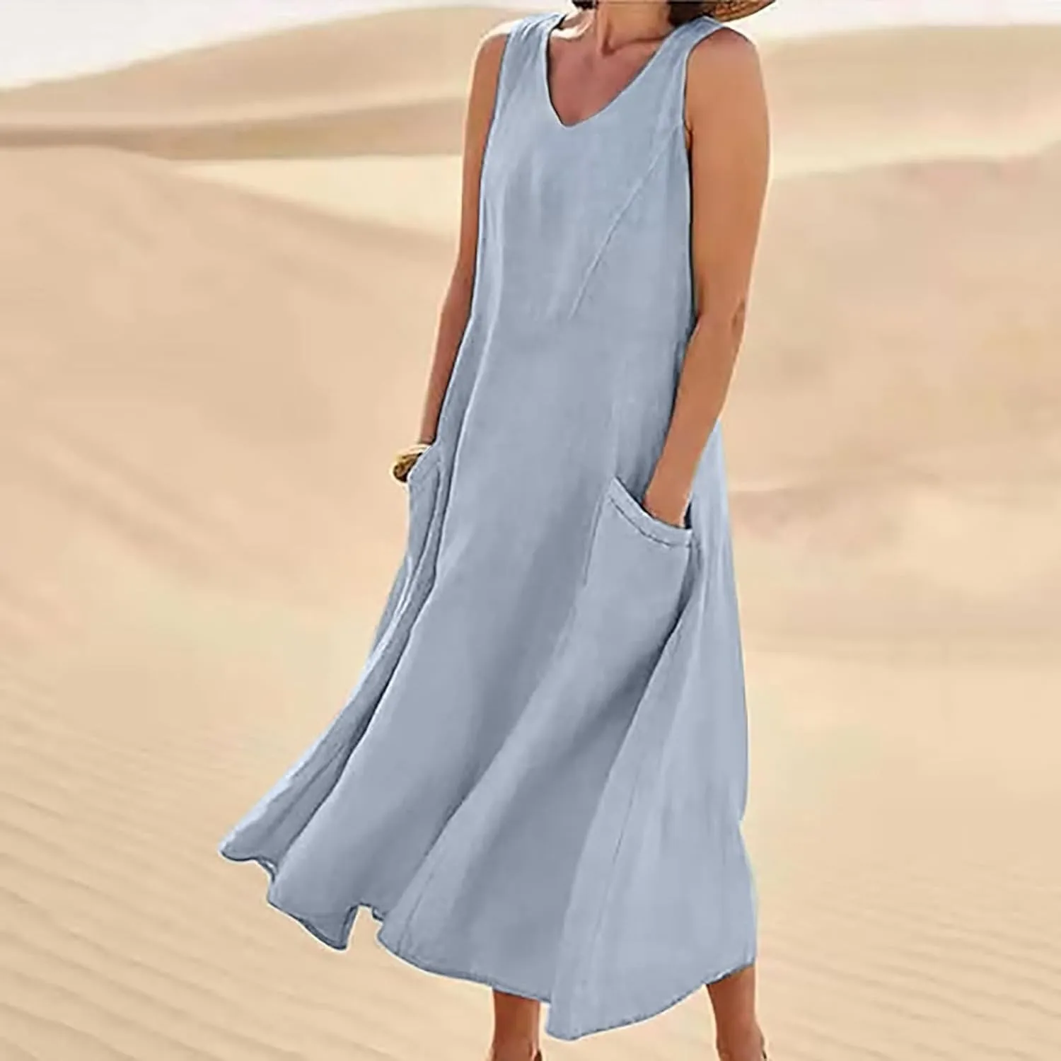 Sleeveless Maxi Long Beach Shirt Dress Women's Summer Casual Sleeveless Long Maxi Beach Dress Cotton Casual Dress