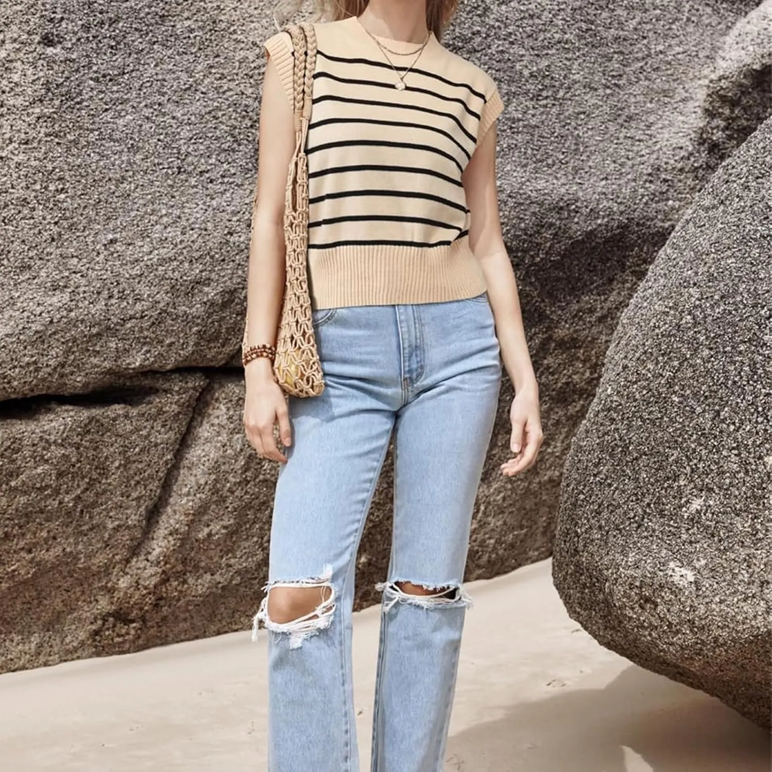 Sleeveless Sweater Vest for Women Summer Striped Crew Neck Tanks Trendy Cap Sleeve Ribbed Knit Pullover Tank Tops