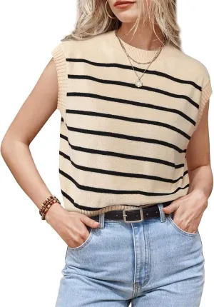 Sleeveless Sweater Vest for Women Summer Striped Crew Neck Tanks Trendy Cap Sleeve Ribbed Knit Pullover Tank Tops