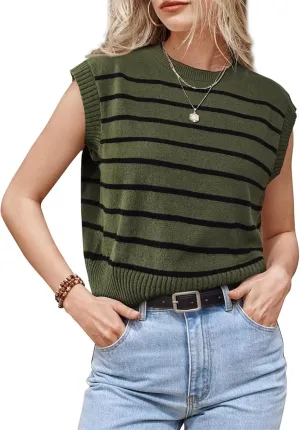 Sleeveless Sweater Vest for Women Summer Striped Crew Neck Tanks Trendy Cap Sleeve Ribbed Knit Pullover Tank Tops