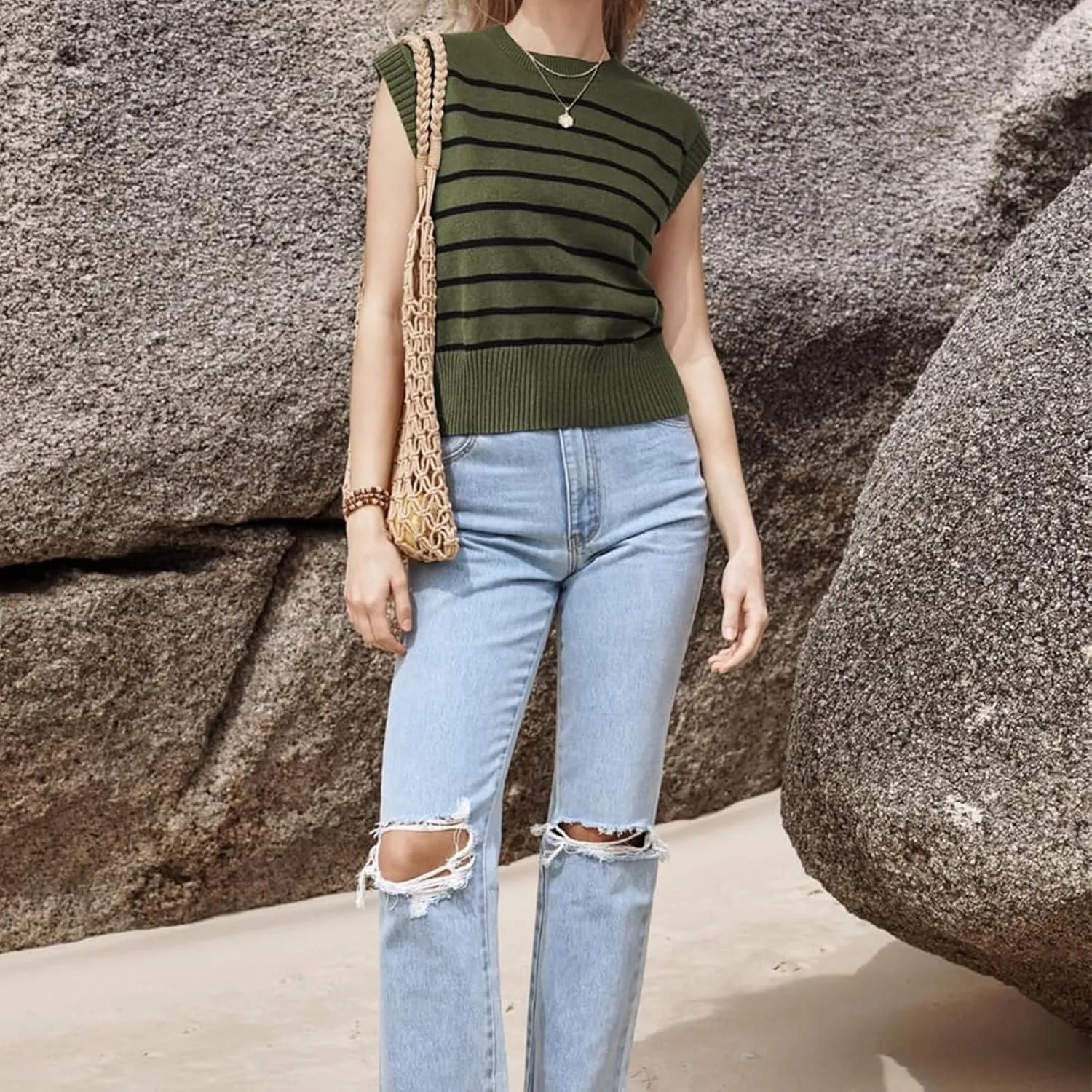 Sleeveless Sweater Vest for Women Summer Striped Crew Neck Tanks Trendy Cap Sleeve Ribbed Knit Pullover Tank Tops