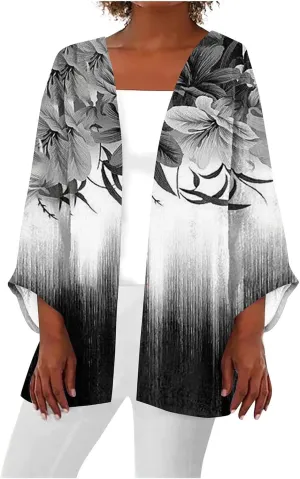Spring Cardigans for Women 2025 Floral Printed Casual Loose Cardigans 3/4 Sleeve Hide Belly Open Front Cardigan