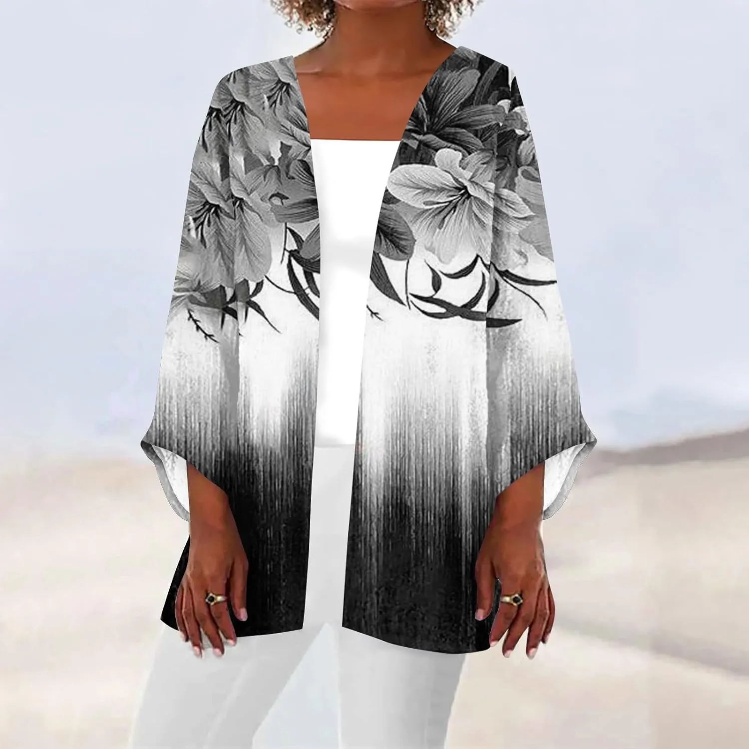 Spring Cardigans for Women 2025 Floral Printed Casual Loose Cardigans 3/4 Sleeve Hide Belly Open Front Cardigan