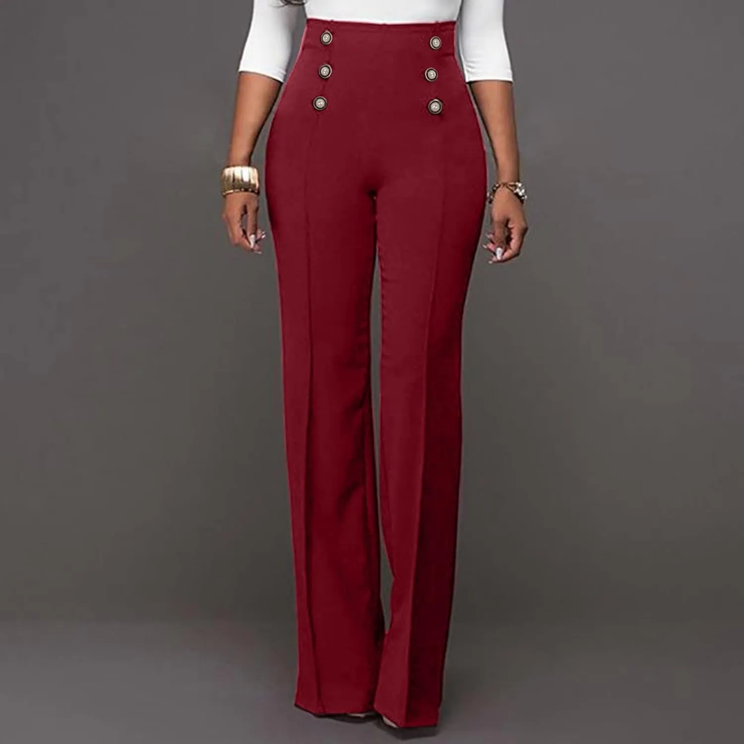 Stylish Elastic High Waist Straight Wide Leg Trousers for Womens Casual Lightweight Solid Color Soft Comfortable Button Pants