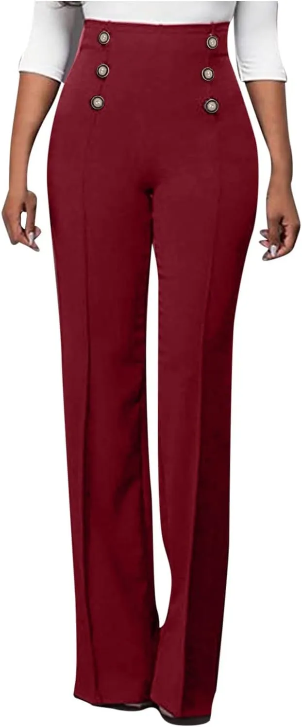 Stylish Elastic High Waist Straight Wide Leg Trousers for Womens Casual Lightweight Solid Color Soft Comfortable Button Pants