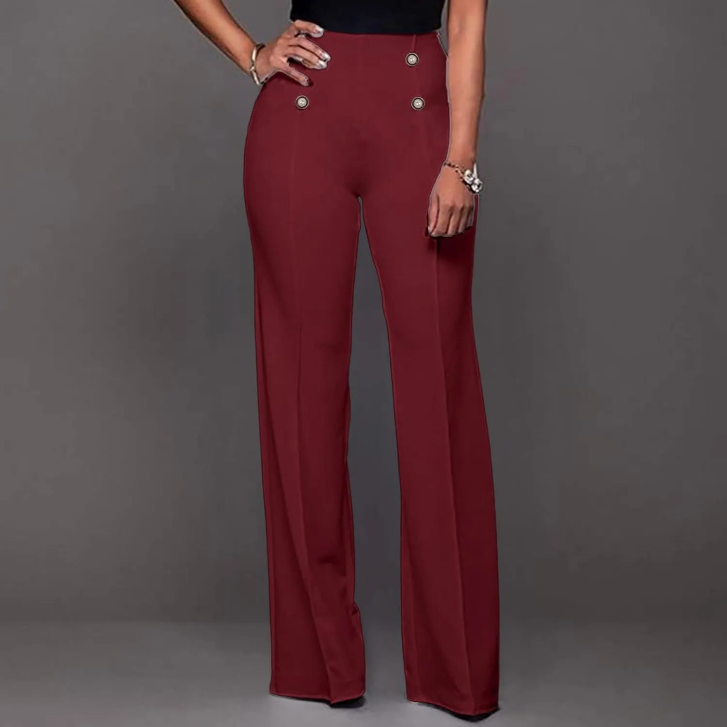 Stylish Elastic High Waist Straight Wide Leg Trousers for Womens Casual Lightweight Solid Color Soft Comfortable Button Pants