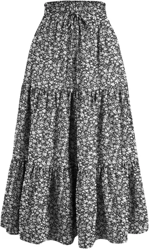 Summer Beach Boho Floral Maxi Skirt Women Elastic High Waist Tiered Pleated Flowy Long Casual Skirt