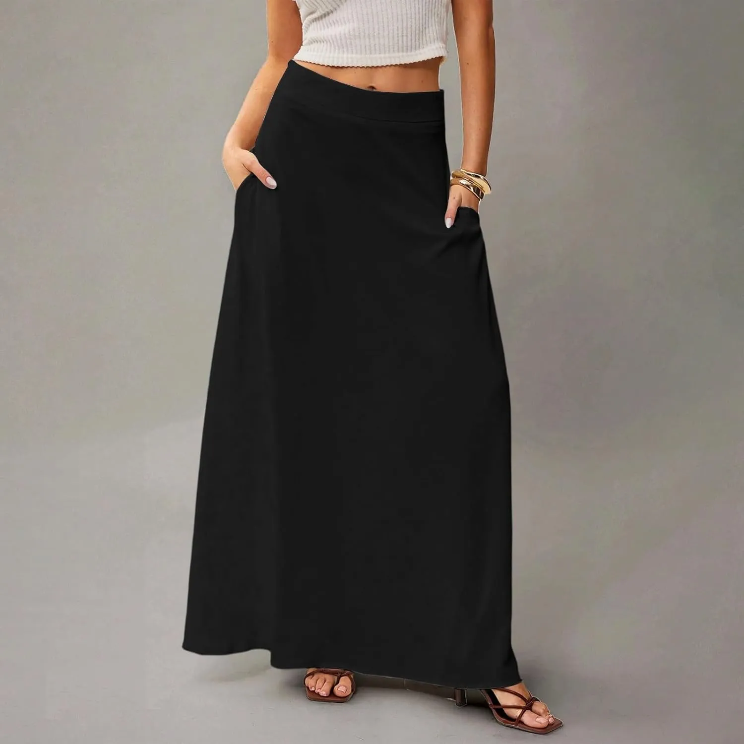 Summer Boho Floral Maxi Skirts for Women 2025 Casual Trendy A-Line Elastic High Waist Long Flowy Skirt with Pocket