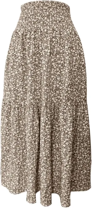 Summer Casual Boho Floral Maxi Skirt Women Elastic High Waist Tiered Pleated Flowy Long Beach Skirt