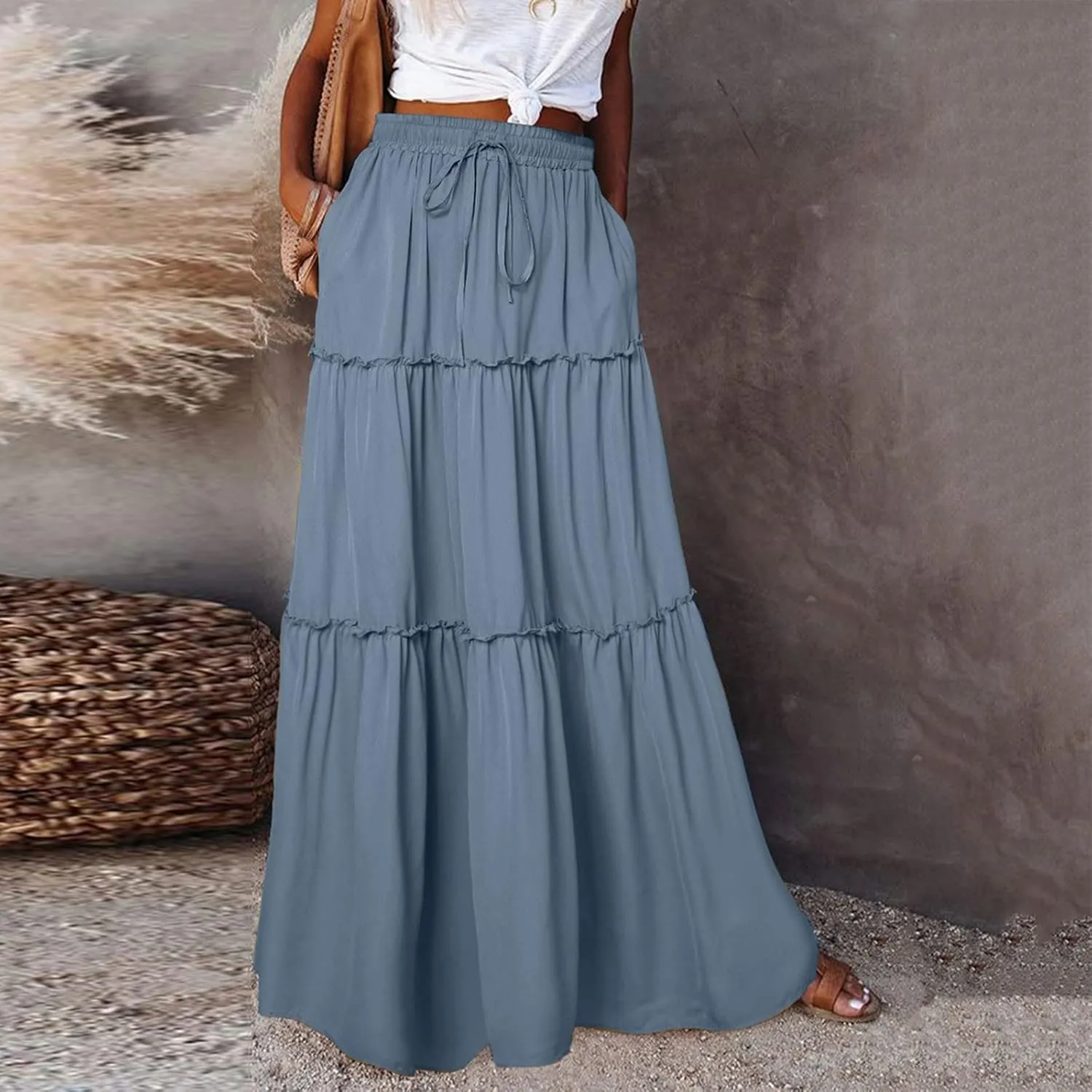 Summer Casual Boho Floral Maxi Skirt Women Elastic High Waist Tiered Pleated Flowy Long Beach Skirt