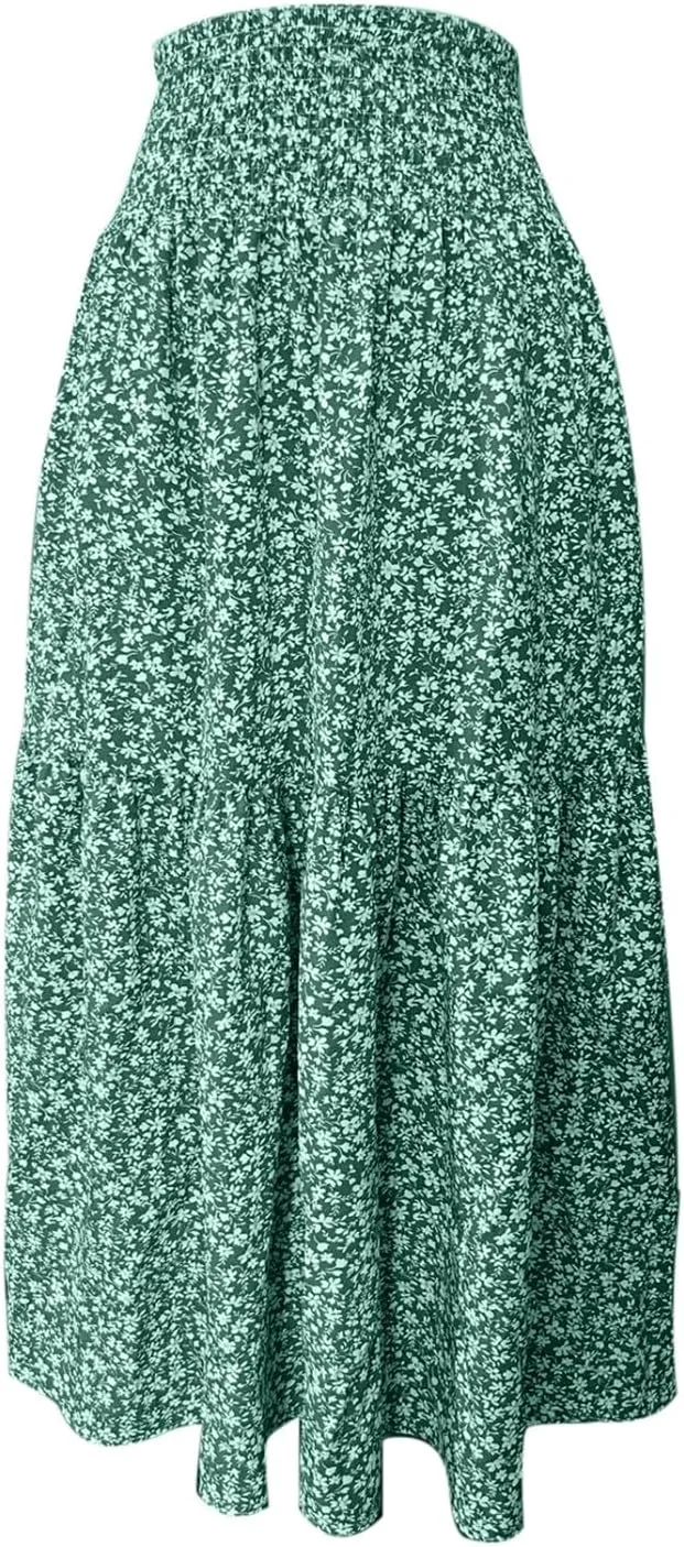 Summer Casual Boho Floral Maxi Skirt Women Elastic High Waist Tiered Pleated Flowy Long Beach Skirt