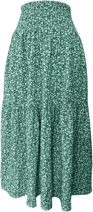 Summer Casual Boho Floral Maxi Skirt Women Elastic High Waist Tiered Pleated Flowy Long Beach Skirt