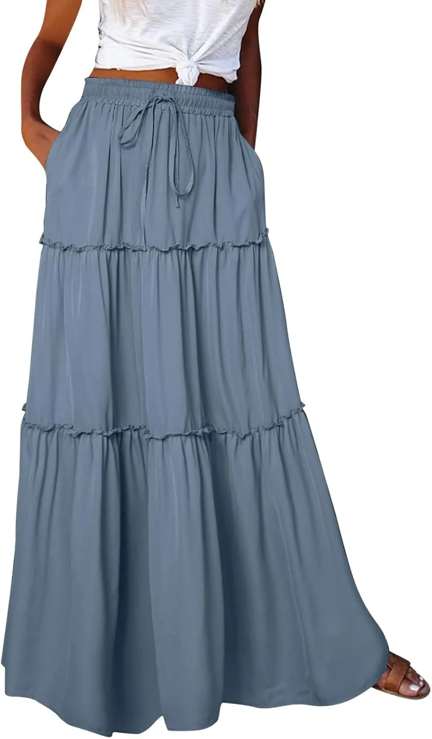 Summer Casual Boho Floral Maxi Skirt Women Elastic High Waist Tiered Pleated Flowy Long Beach Skirt