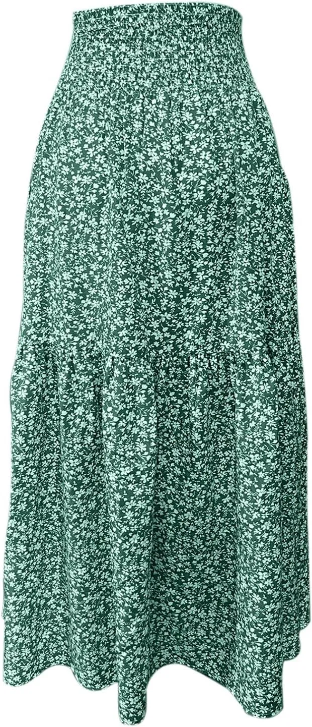 Summer Casual Boho Floral Maxi Skirt Women Elastic High Waist Tiered Pleated Flowy Long Beach Skirt
