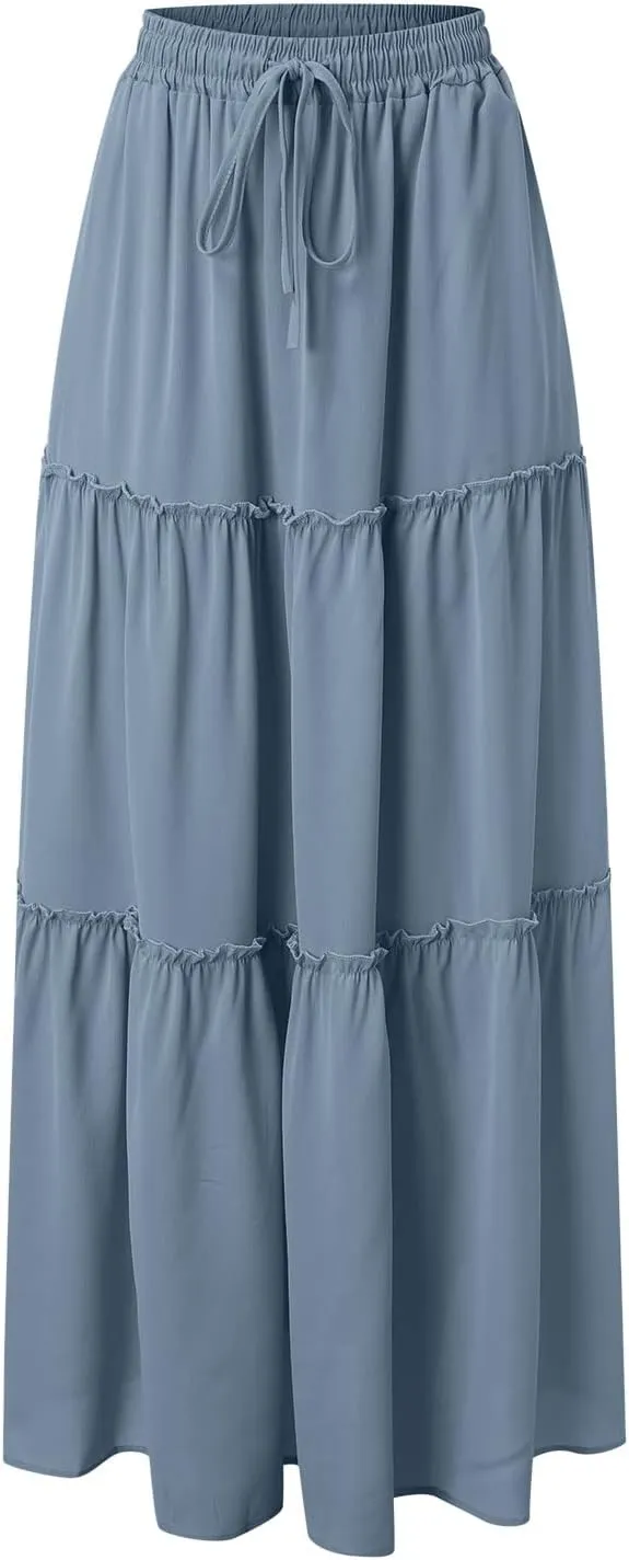 Summer Casual Boho Floral Maxi Skirt Women Elastic High Waist Tiered Pleated Flowy Long Beach Skirt