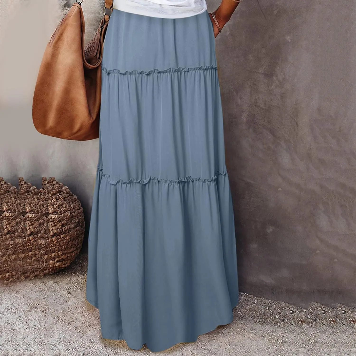 Summer Casual Boho Floral Maxi Skirt Women Elastic High Waist Tiered Pleated Flowy Long Beach Skirt