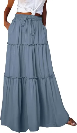 Summer Casual Boho Floral Maxi Skirt Women Elastic High Waist Tiered Pleated Flowy Long Beach Skirt