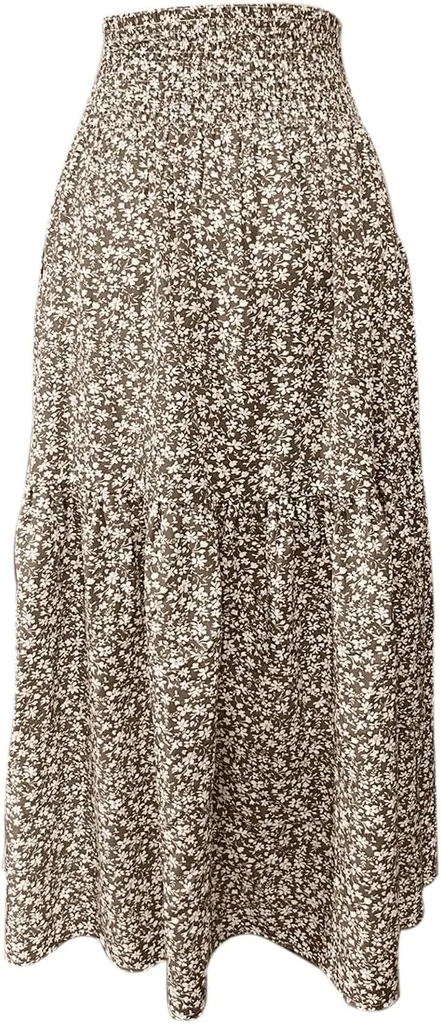 Summer Casual Boho Floral Maxi Skirt Women Elastic High Waist Tiered Pleated Flowy Long Beach Skirt