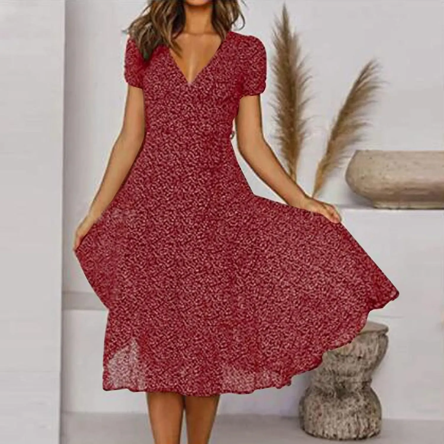 Summer Dresses for Women 2024 Spring Trendy Elegant Wrap V Neck Floral Boho Dress Flowy Ruched Hawaiian Beach Maxi