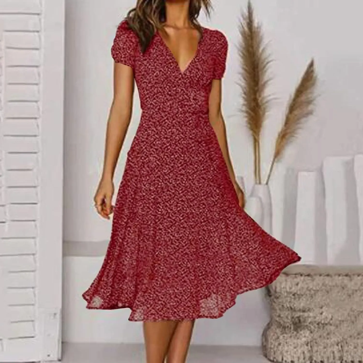 Summer Dresses for Women 2024 Spring Trendy Elegant Wrap V Neck Floral Boho Dress Flowy Ruched Hawaiian Beach Maxi