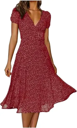 Summer Dresses for Women 2024 Spring Trendy Elegant Wrap V Neck Floral Boho Dress Flowy Ruched Hawaiian Beach Maxi