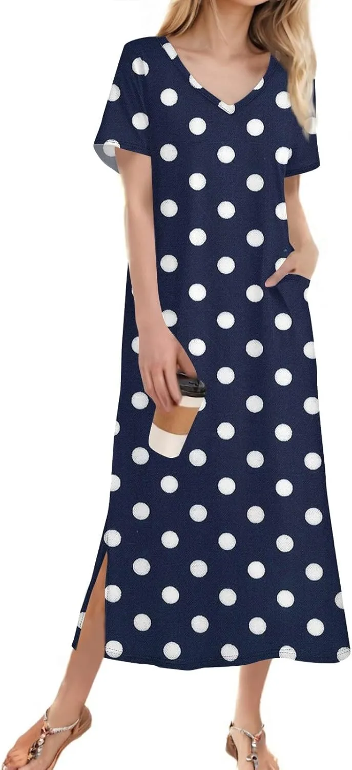 Summer Dresses for Women Casual Split Long Dress Loose T Shirt Dress Floral Print Short Sleeve Beach Dress with Pockets