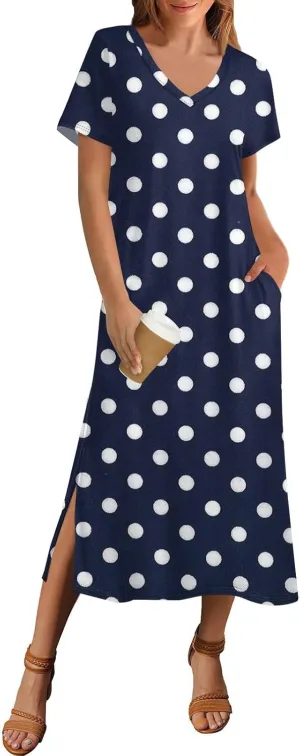 Summer Dresses for Women Casual Split Long Dress Loose T Shirt Dress Floral Print Short Sleeve Beach Dress with Pockets