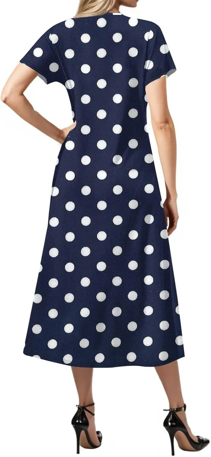 Summer Dresses for Women Casual Split Long Dress Loose T Shirt Dress Floral Print Short Sleeve Beach Dress with Pockets