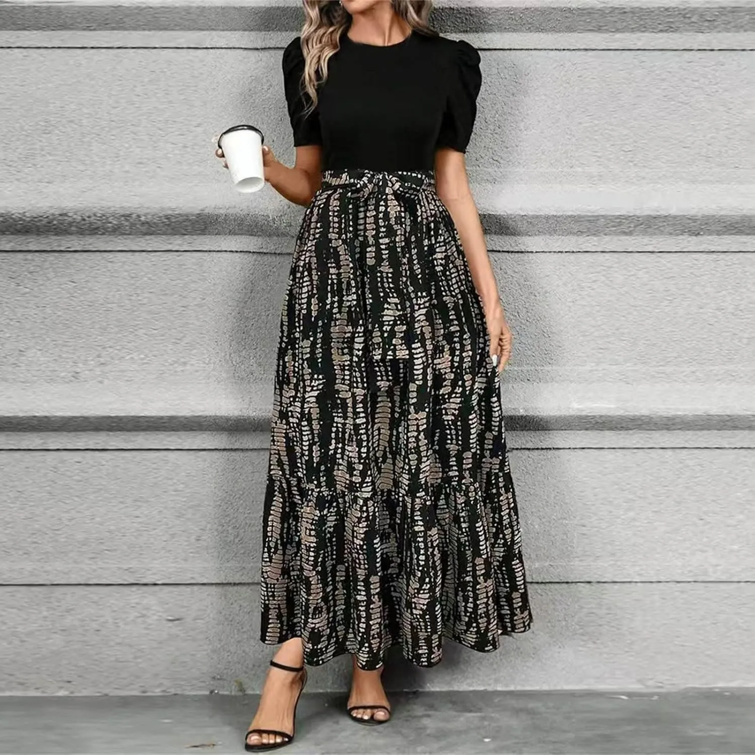 Summer Dresses for Women Floral Printrd A-Line Dress with Belt Flowy High Waist Maxi Dress Casual Elegant Long Dress