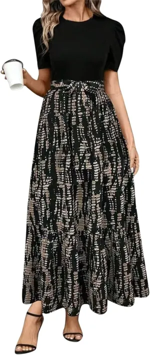 Summer Dresses for Women Floral Printrd A-Line Dress with Belt Flowy High Waist Maxi Dress Casual Elegant Long Dress