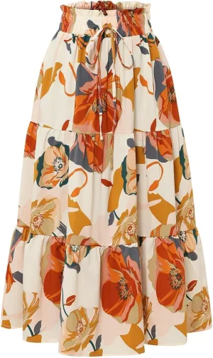 Summer Flowy Long Skirts for Women Boho Floral Elastic High Waist A Line Pleated Tiered Maxi Skirt Casual Beach