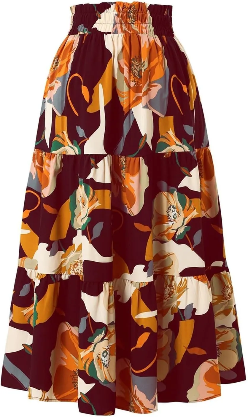 Summer Flowy Long Skirts for Women Boho Floral Elastic High Waist A Line Pleated Tiered Maxi Skirt Casual Beach