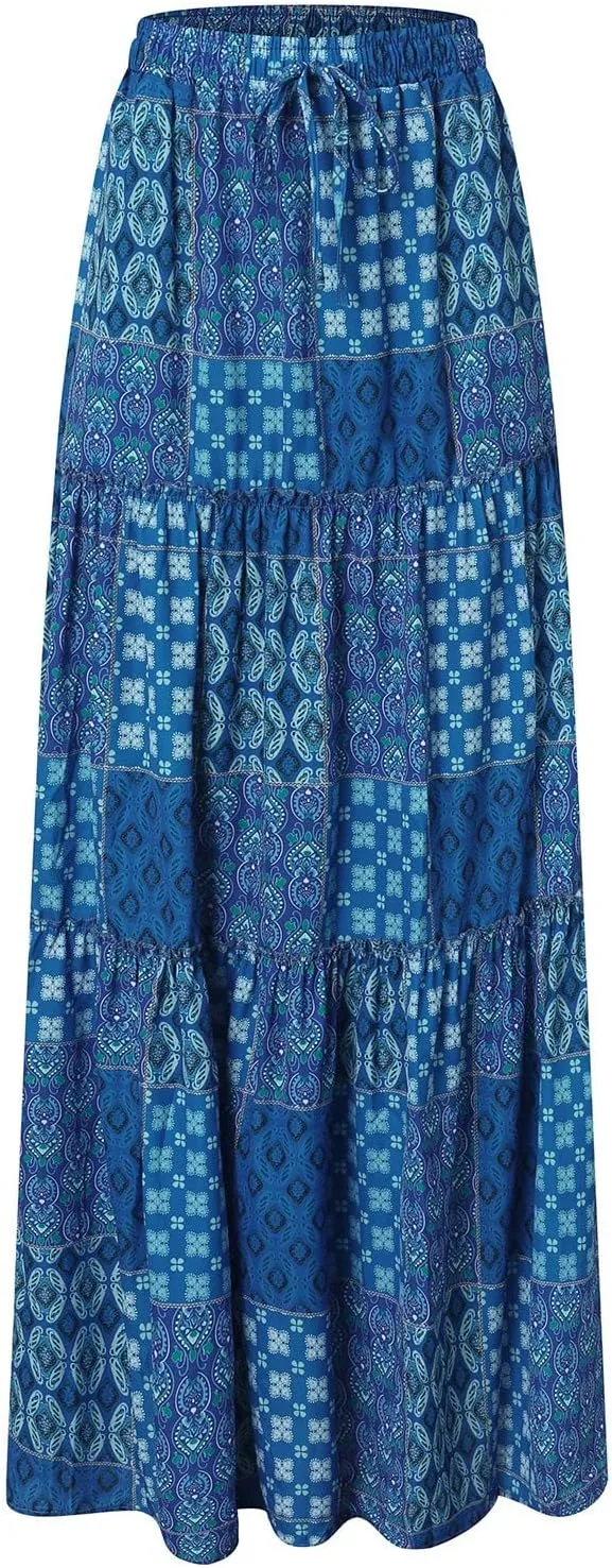 Summer Flowy Long Skirts for Women Boho Floral Elastic High Waist A Line Pleated Tiered Maxi Skirt Casual Beach