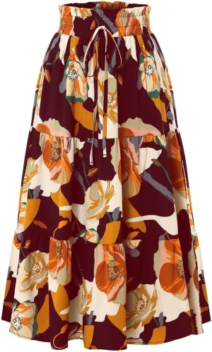 Summer Flowy Long Skirts for Women Boho Floral Elastic High Waist A Line Pleated Tiered Maxi Skirt Casual Beach