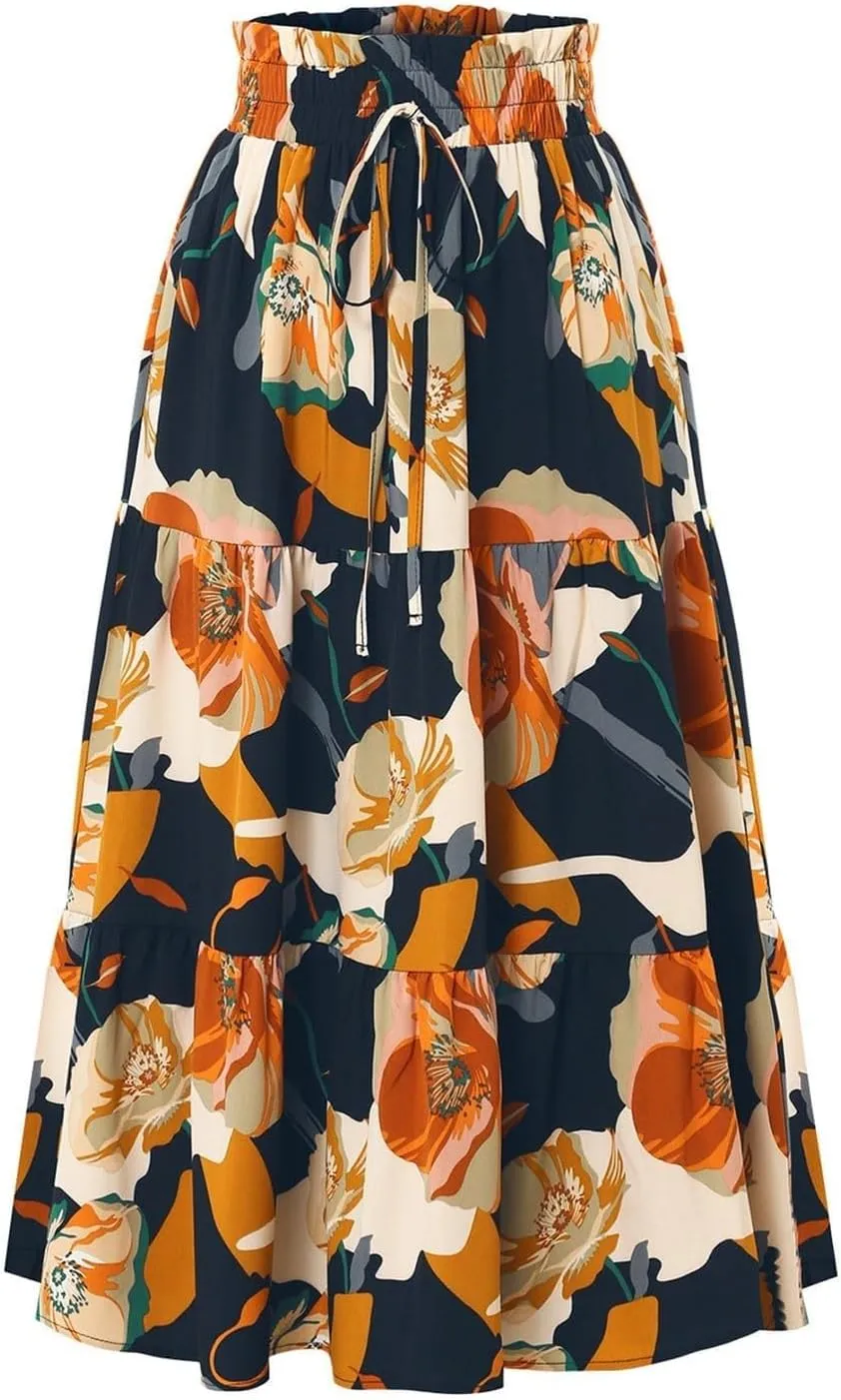 Summer Flowy Long Skirts for Women Boho Floral Elastic High Waist A Line Pleated Tiered Maxi Skirt Casual Beach