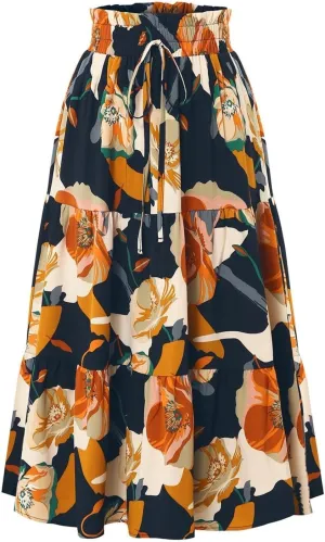 Summer Flowy Long Skirts for Women Boho Floral Elastic High Waist A Line Pleated Tiered Maxi Skirt Casual Beach