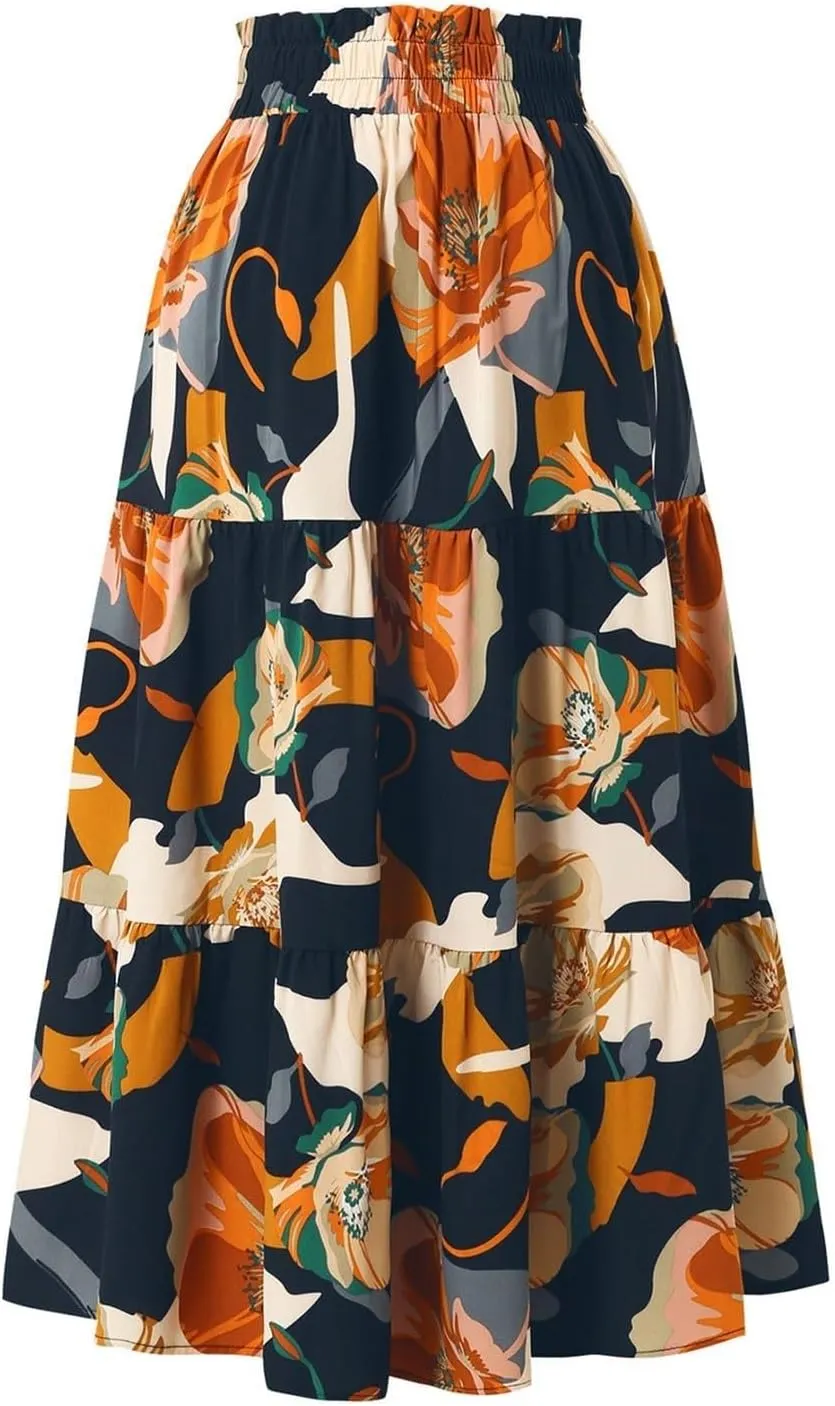 Summer Flowy Long Skirts for Women Boho Floral Elastic High Waist A Line Pleated Tiered Maxi Skirt Casual Beach