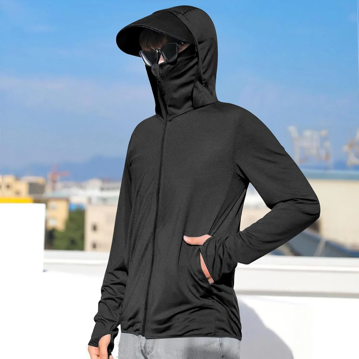Sun Shirts for Men Hooded UPF 50  Fishing Shirt SPF UV Sun Hoodie Rash Guard Long Sleeve Outdoor Hiking Swim Shirts