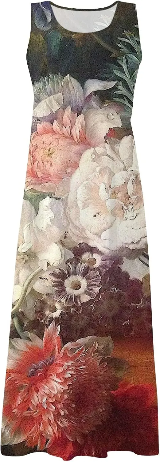 Sundresses for Womens Casual Sleeveless Cotton Linen Long Dress Flowy Beach Floral Print Dresses with Pockets