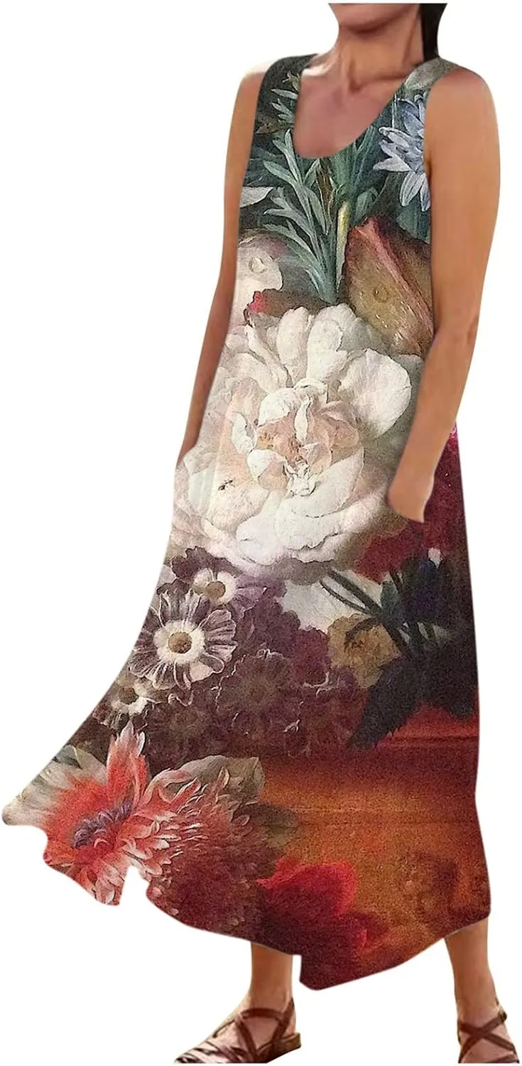 Sundresses for Womens Casual Sleeveless Cotton Linen Long Dress Flowy Beach Floral Print Dresses with Pockets