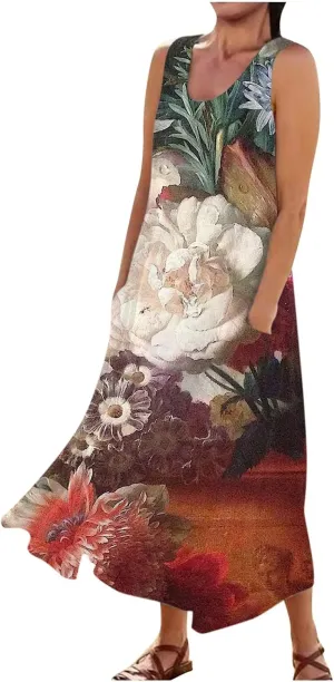 Sundresses for Womens Casual Sleeveless Cotton Linen Long Dress Flowy Beach Floral Print Dresses with Pockets