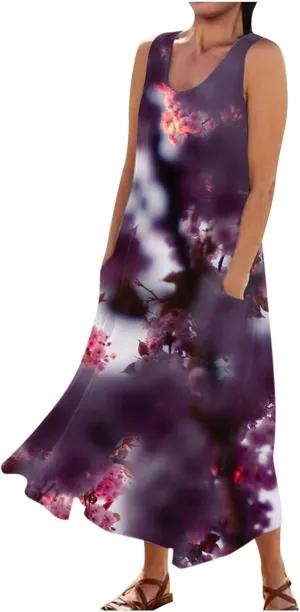Sundresses for Womens Casual Sleeveless Cotton Linen Long Dress Flowy Beach Floral Print Dresses with Pockets