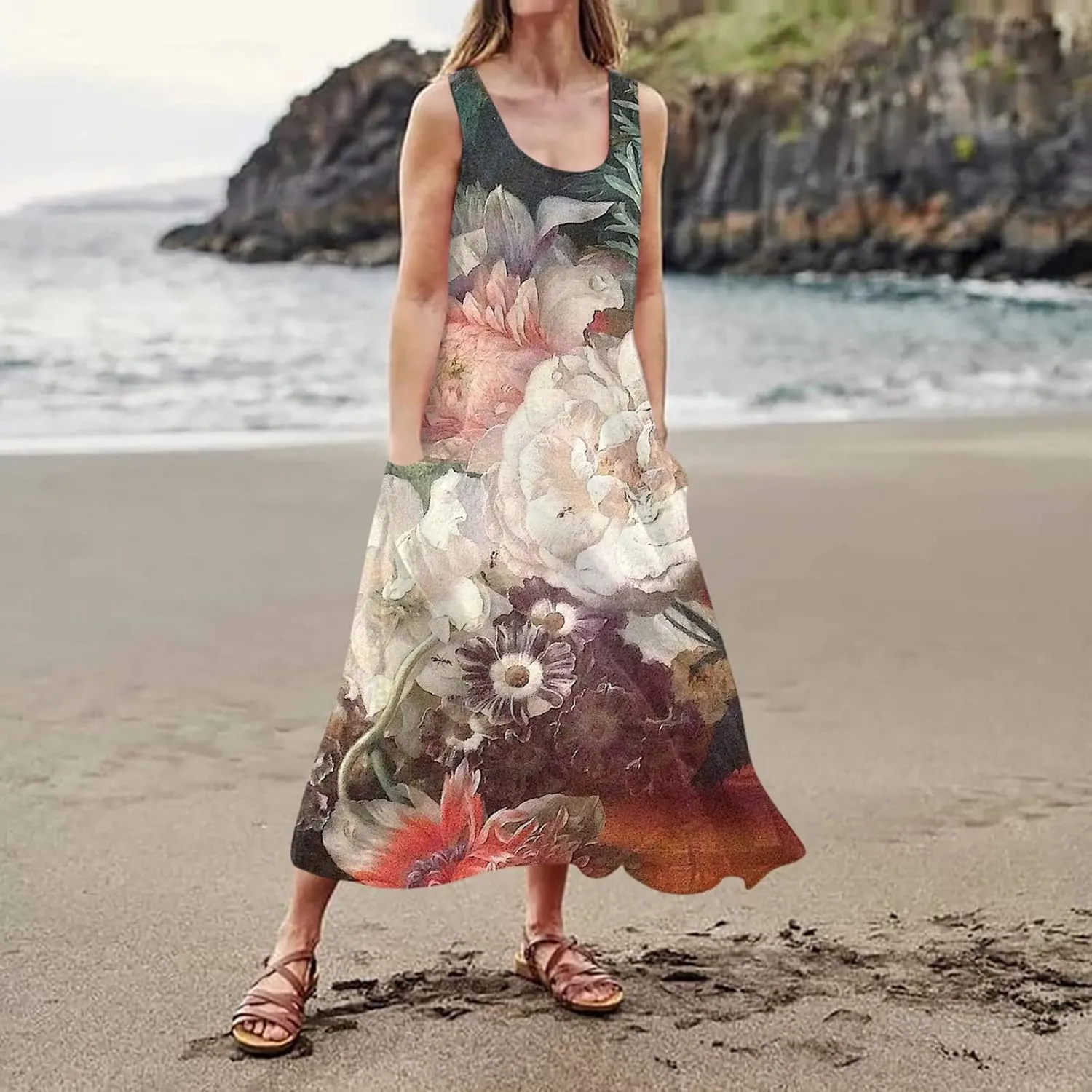 Sundresses for Womens Casual Sleeveless Cotton Linen Long Dress Flowy Beach Floral Print Dresses with Pockets