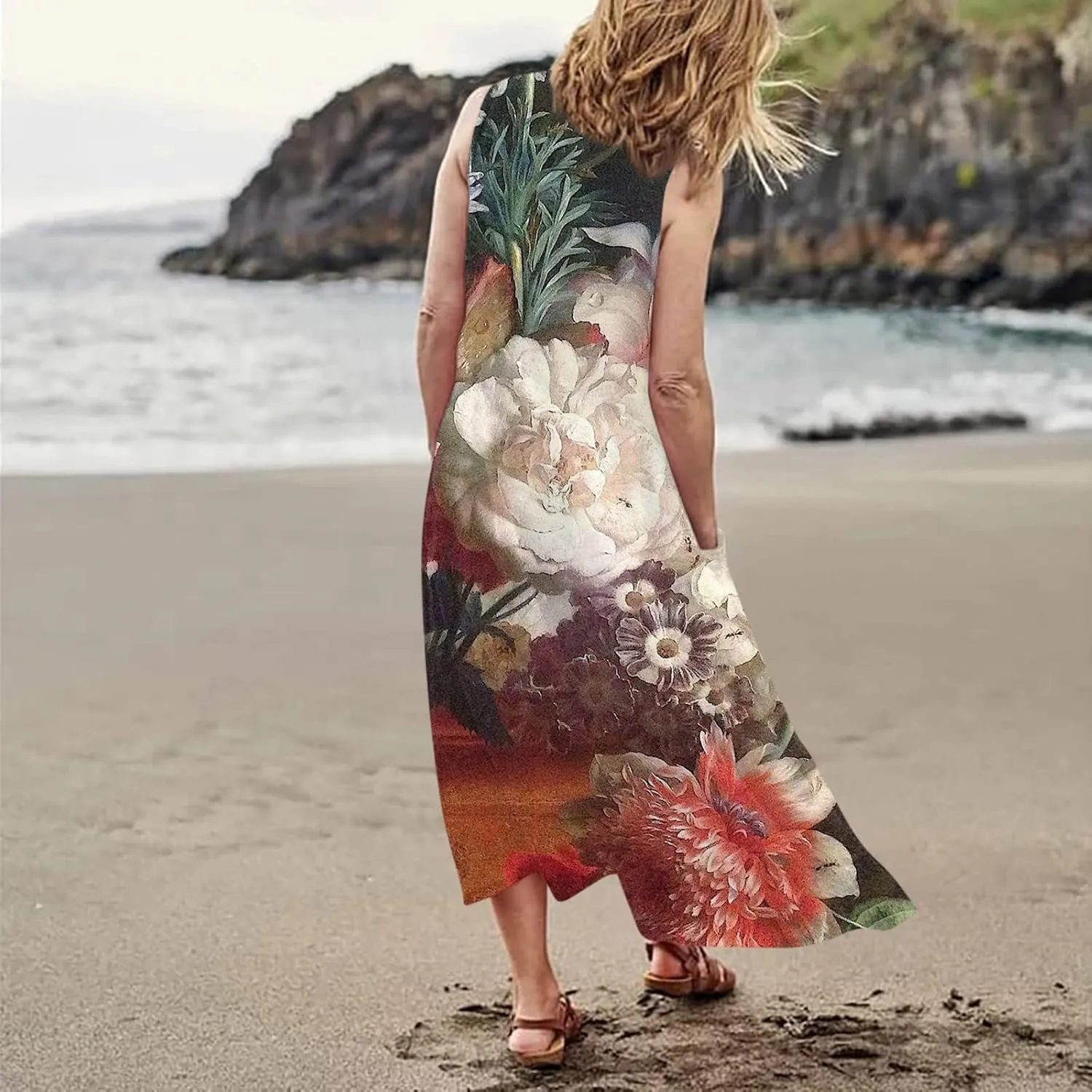 Sundresses for Womens Casual Sleeveless Cotton Linen Long Dress Flowy Beach Floral Print Dresses with Pockets