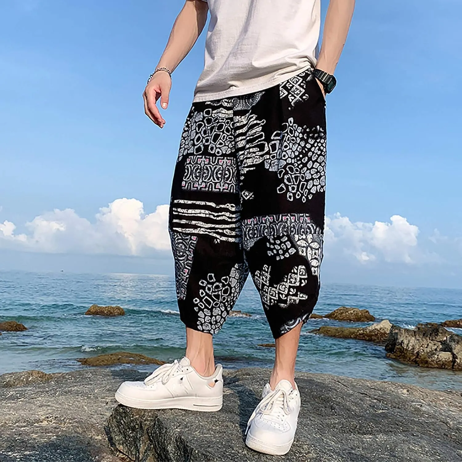 SUWBMHWE Mens Elastic Waist Pants, Men's Cotton-Linen Loose Casual Lightweight Elastic Waist Pants Home Pants