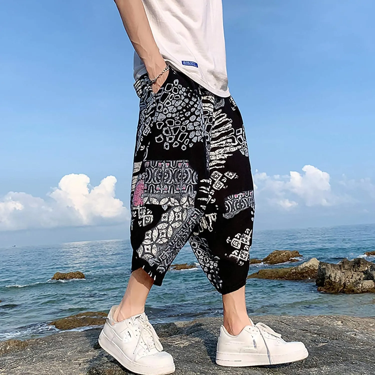 SUWBMHWE Mens Elastic Waist Pants, Men's Cotton-Linen Loose Casual Lightweight Elastic Waist Pants Home Pants