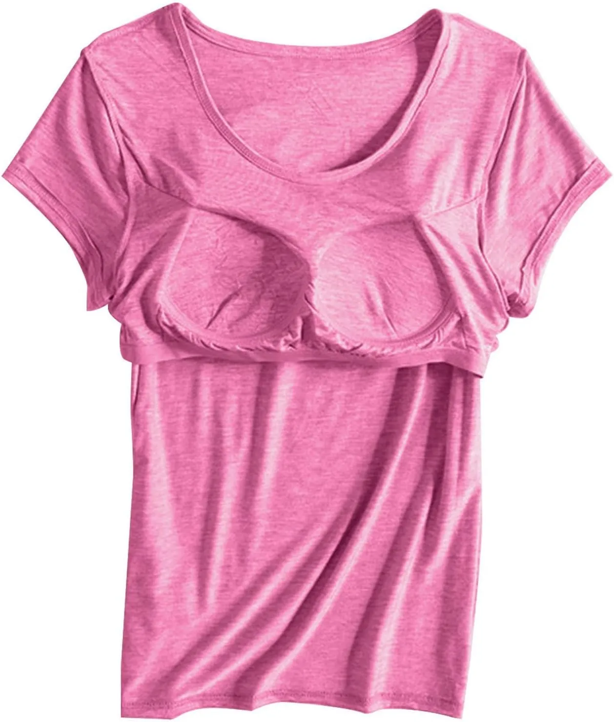 T-Shirt with Built-in Bra Women Casual Short Sleeve Scoop Neck Tees Lightweight Athletic Shirt Trendy Workout Yoga Tops